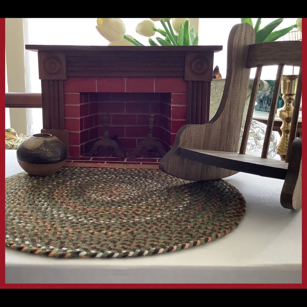 Hitty Fireplace with Andirons, braided rug, pot,